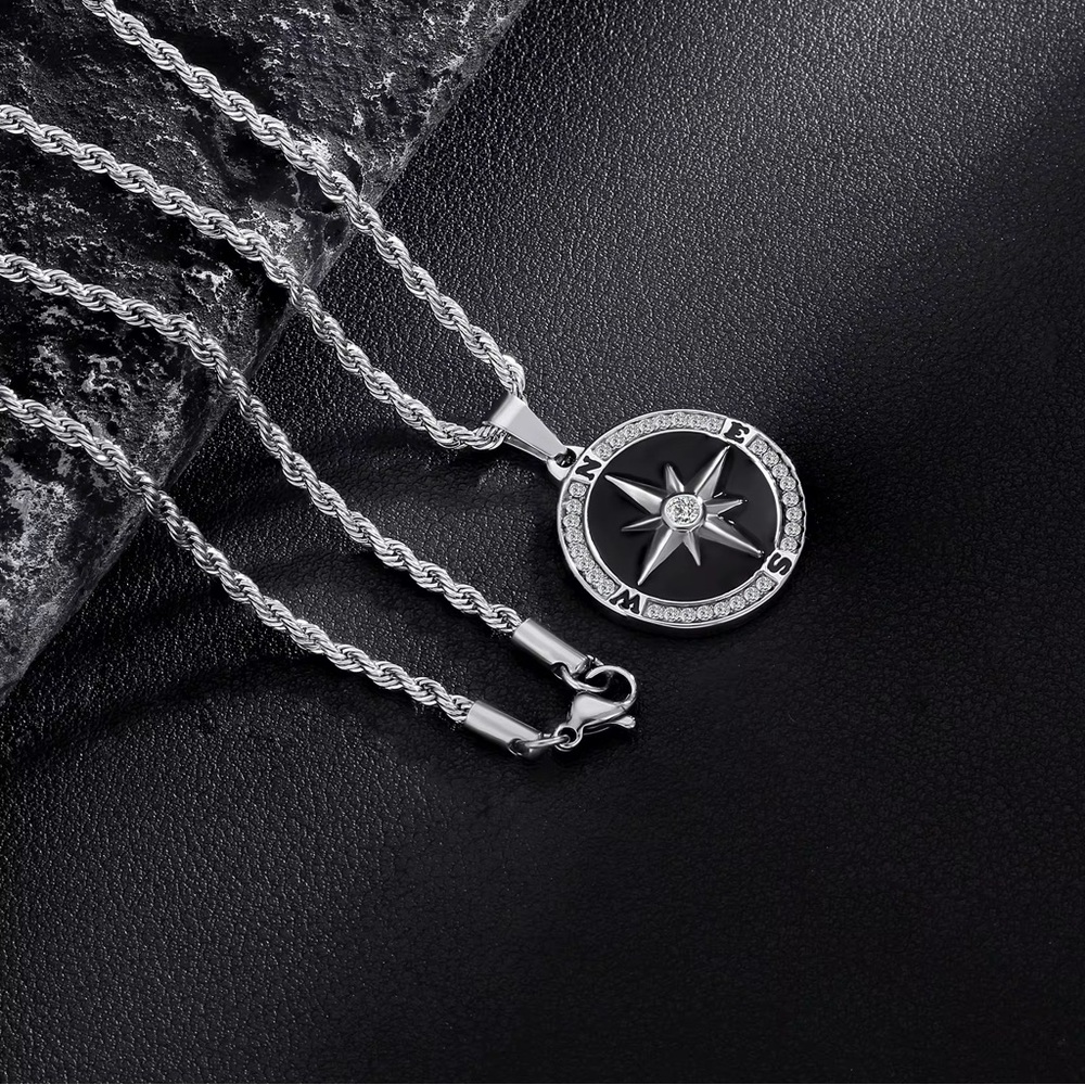 Silver and Black Compass Necklace